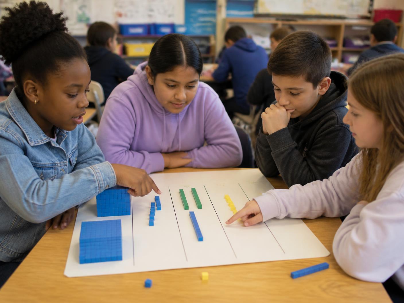 Students arranging base ten blocks on a decimal place value mat